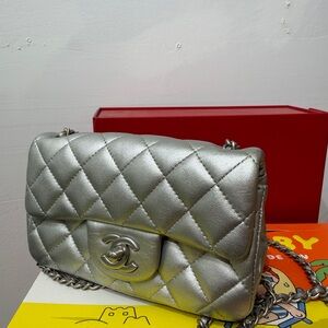 Chanel Silver Quilted Lambskin Flap Shoulder Bag
